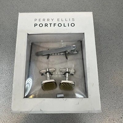 Nuevo clip de corbata y gemelos Perry Ellis Portfolio tono plateado Foto 1 de 4