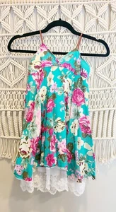 Teal & Pink Floral & Lace Boutique Swing Dress Girls Size 9 Mud Kingdom - Picture 1 of 6