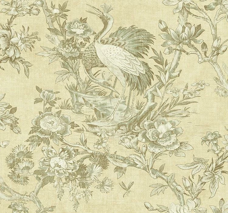Wallpaper Designer Taupe Pale Green Cranes Birds on Cream Faux  ,60 Sq Ft Bolt - Image 1 of 1