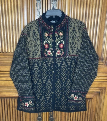 Chaqueta Suéter Islandesa Mujer Pequeña Negra Marrón Escandinava Lana Pesada Acogedora Foto 1 de 4