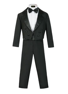Boys Slim Fit Tuxedo 5pc set coat,Cummerbund,striated pant,Tuxedo shirt,bowtie - Picture 1 of 5