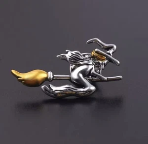 Magician Brooch Flying Witch Ride Broom Badge Metal Vintage Clothing Coats - Picture 1 of 4