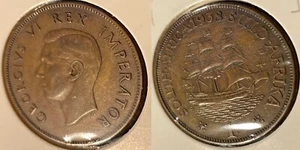 South Africa 1938 1 Penny - George VI Ship KM-25 Bronze aUNC #BB16 - US Seller - Picture 1 of 2