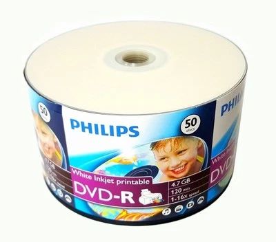 50 PHILIPS Blank 16X DVD-R DVDR White Inkjet Hub Printable 4.7GB Media Disc - Image 1 of 4