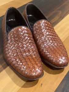 MEZLAN STONE Basket Weave Woven Cognac Brown Leather Loafers Mens 10.5M - Picture 1 of 24