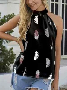 Feather Print Halter Neck Top Keyhole Back Women Fashion US - Picture 1 of 4