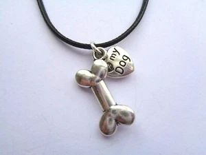 LOVE MY DOG & DOG BONE CHARMS PENDANT NECKLACE ON WAXED CORD - Picture 1 of 3