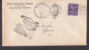 1945 cover Essex Publishing Co Burlington VT to VA/returned to sender unknown - Picture 1 of 2