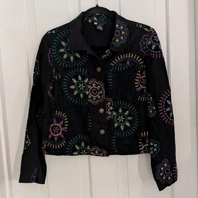 Vintage Carole Little Womens Short Jacket LARGE PET Embroidered Boho Linen Artsy - Image 1 of 4