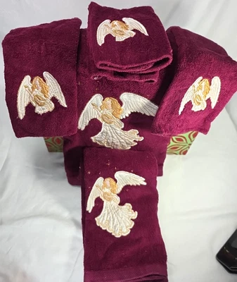 Набор из 5 вышитых полотенец для ванной бордовый рождественский ангел хлопок сделано в США - Изображение 1 из 4
