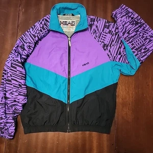 Vintage 1980s Retro Geometric Color Block Full Zip Nylon Women's Jacket Size M - Picture 1 of 9