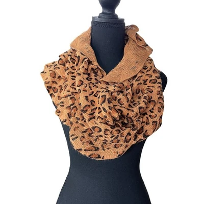 Leopard Print Infinity Scarf Tan Brown Knit Animal Pattern Boho Retro Ruffles - Image 1 of 4