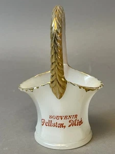 #91D Vtg Antique Pellston Michigan 1900s Souvenir China Toothpick Holder Basket - Picture 1 of 8
