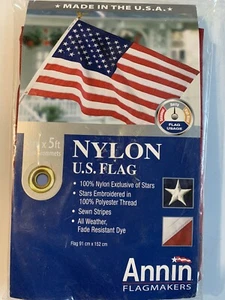 3X5 FT Embroidered American Flag W/ Grommets Weatherproof Nylon USA MADE  - Picture 1 of 3
