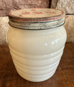 Tarro de grasa de colmena de vidrio de leche Anchor Hocking vintage con tapa de tulipán de metal - Imagen 1 de 10