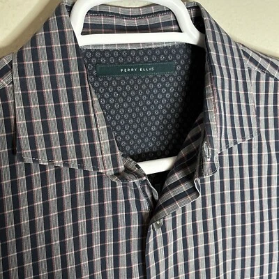 Perry Ellis Men's Large Button-Up Long Sleeve Dress Shirt Blue Plaid - Image 1 of 4