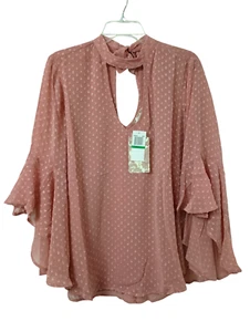 Band of Gypsies Blouse Womens Large Blush Mauve Bell Sleeves Keyhole Neckline - Picture 1 of 10