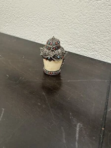 Vintage Tibetan Reproduction Brass Snuff Bottle w/Turquoise & White Stone NO TOP - Picture 1 of 15