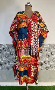 Multi Ikat Kaftan Dress Maxi Boho Size Women Kimono Plus Beach Caftan Casual US - Picture 1 of 6