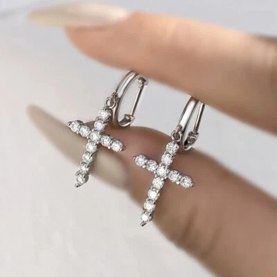 Kreuz D VVS1 Moissanite Ohrringe 18K Platin Finish 925 Silber Weihnachts-Schmuck - Bild 1 von 4