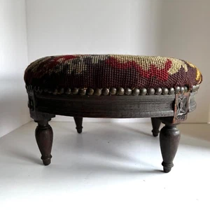 Antique Needlepoint Footstool Primitive Eagle Handcarving Wood Base Brass Tacks - Picture 1 of 24