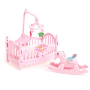 Miniature Crib Bed And Wooden Horse For Children Girls Gift Doll House Dec QF