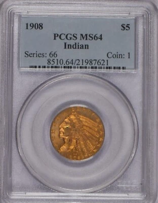 1908 Gold Indian $5 PCGS MS64 - Image 1 of 2