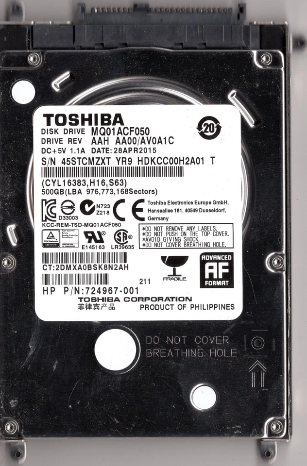 HP 724967-002 500GB HDD TOSHIBA MQ01ACF050 & 703267-001 CADDY - NEW - Image 1 of 2