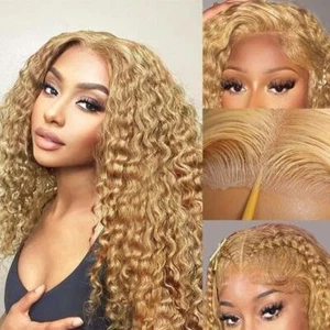 Honey Blonde Curly Wigs Human Hair 13x4 HD Lace Front Wigs Pre Plucked Baby Hair - Picture 1 of 8
