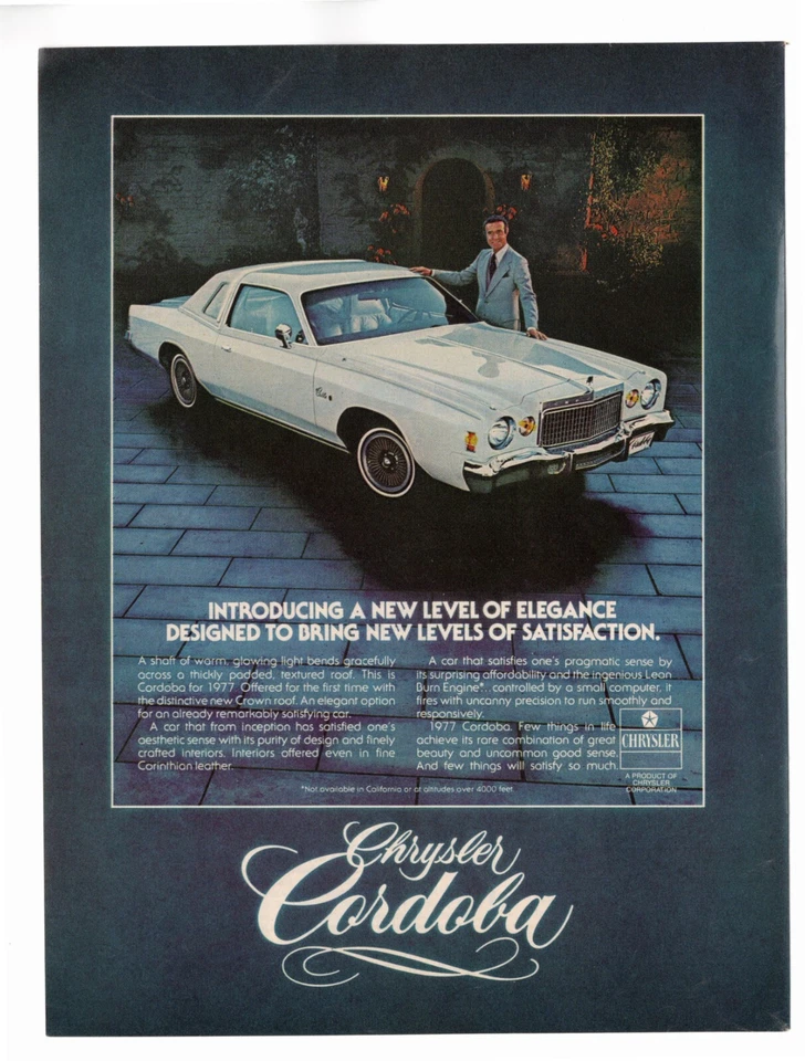 1977 Chrysler Cordoba Vintage Print Ad "A New Level Of Elegance" 1970s - Image 1 of 1
