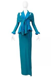 YOHJI YAMAMOTO BLUE & TEAL EVENING ENSEMBLE WITH DETACHABLE SLEEVE & SCARF 2014 - Picture 1 of 10