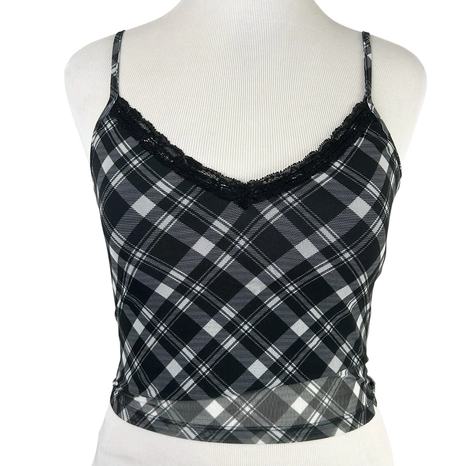 Camiseta sin mangas recortada a cuadros HOLLISTER L negra encaje Y2K Academia escuela preppy grunge Foto 1 de 4