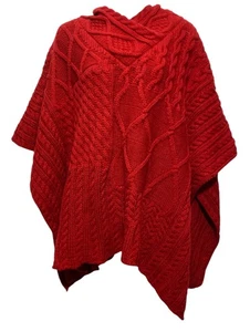 Aran Traditions Poncho Damen Einheitsgröße rot Zopfmuster Pullover Cape Schal Grobstrick - Bild 1 von 11