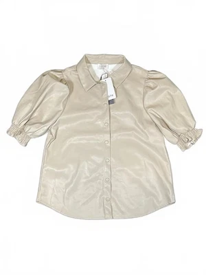 Новый судьба Mary Топ Puff рукав бежевый искусственной кожи Snap Up блузка - размер средний - Изображение 1 из 4