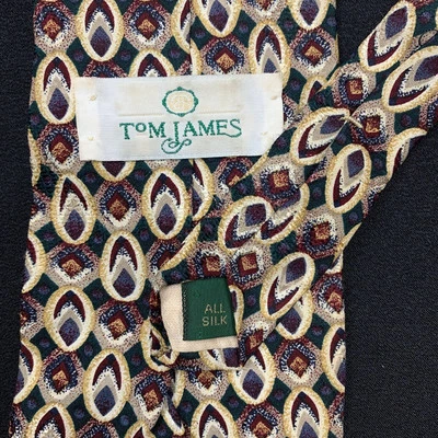 Tom James Silk Neck Tie Vintage Designer Gold Maroon Allover Oval Geometric USA - Image 1 of 4