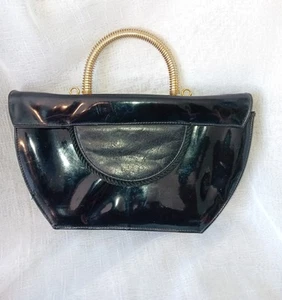 Vintage Leather Bag With Metal Handle. Black Patent .1970s retro - Picture 1 of 8
