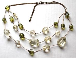 Vintage Faceted Crystal Green Clear & Beaded 3-Strand Necklace Gold Chunky Beads - Picture 1 of 6