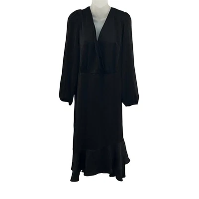 Lucky Brand Black Wrap Midi Dress Ruffle Hem Long Sleeve Women's XL - Image 1 of 4