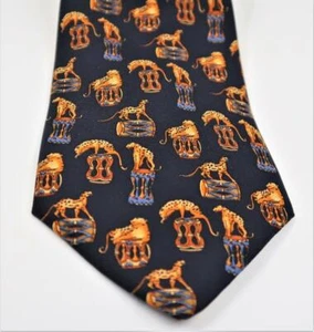 SALVATORE FERRAGAMO 100% Silk Necktie Navy w/Cheetah Leopards Drums Italy 3.75" - Picture 1 of 5
