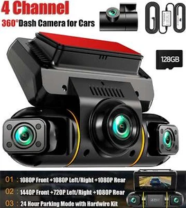 Cámara de tablero 4 canales 360° delantera trasera interior FHD 1080P estacionamiento 24H/7 128G - Imagen 1 de 8