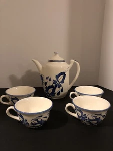Vintage Dec A Mano For Continental Coffee Pot And Six (6) Cups Blue And White. - Picture 1 of 8