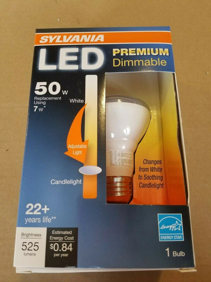 LED DIMMABLE LIGHT BULB 50W uses 7W White Candlelight Sylvania NEW! R20 Flood - Image 1 of 4