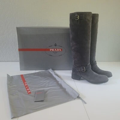 PRADA Tall Gray Riding Boots Suede, Scamosciato Size 37 3W5616 - Image 1 of 4