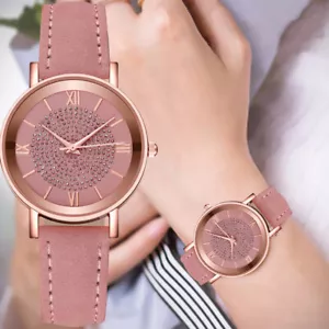 Women's Roman Numerals Analog Quartz Watch Imitation Leather Strap Wristwatch - Picture 1 of 21