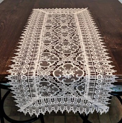 Doily Boutique Table Runner, Doily, Mantel Scarf with White Sheer Floral Lace - Image 1 of 4