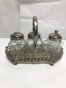 Juego de caddy de azúcar pimienta salina vintage enchapado en plata y vidrio con bandeja Inglaterra - Imagen 1 de 11