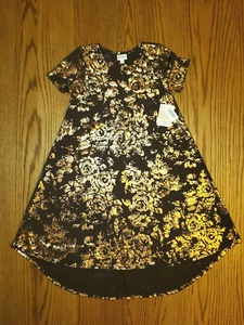 NEW LuLaRoe CARLY Swing Dress XS Brown with Copper Metallic Rose Design NWT - Picture 1 of 3