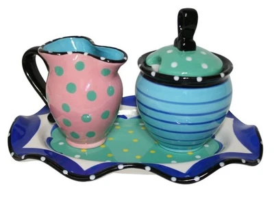 Outta Hand Amy Hetrick Crema Azúcar y Bandeja Lunares Rayas Caprichoso Ecléctico Foto 1 de 4