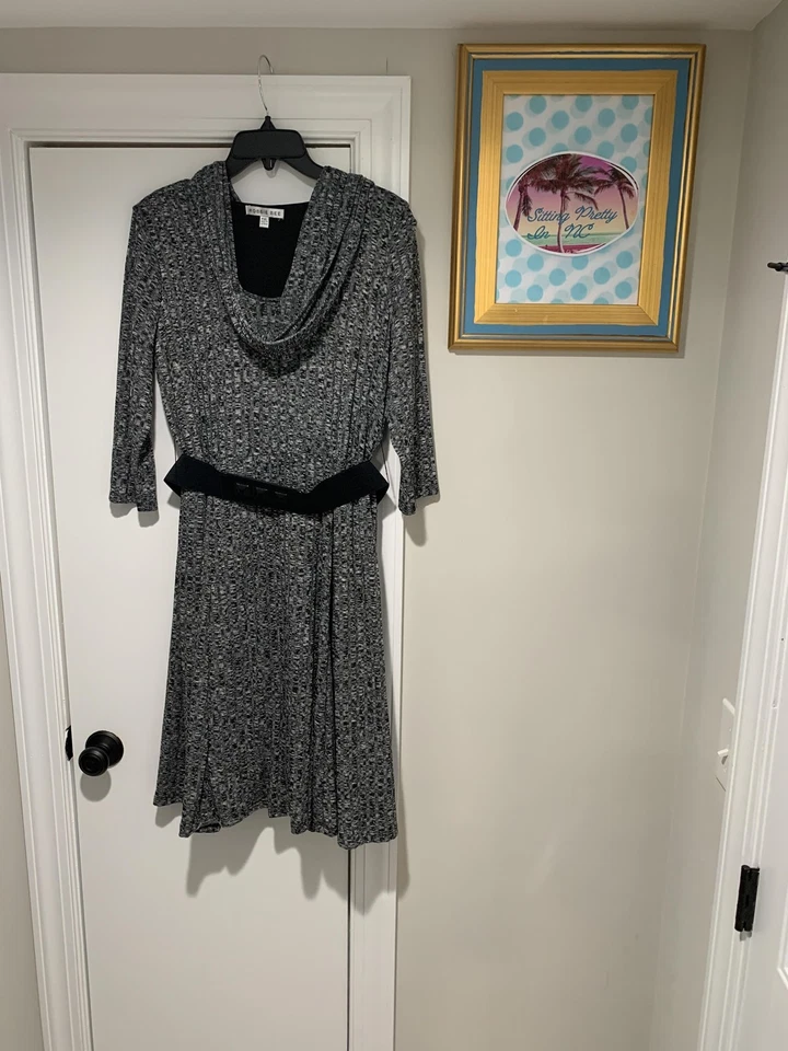 Robbie Bee Dress Womens Petite XL Black Gray Cowl Neck Belted Fit and Flare - Image 1 of 4