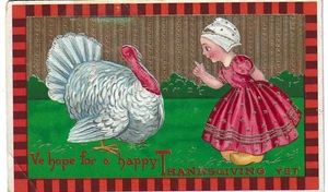 Dutch girl and turkey Thanksgiving 1913 gold gilded postcard Portaceville, NY - Picture 1 of 2